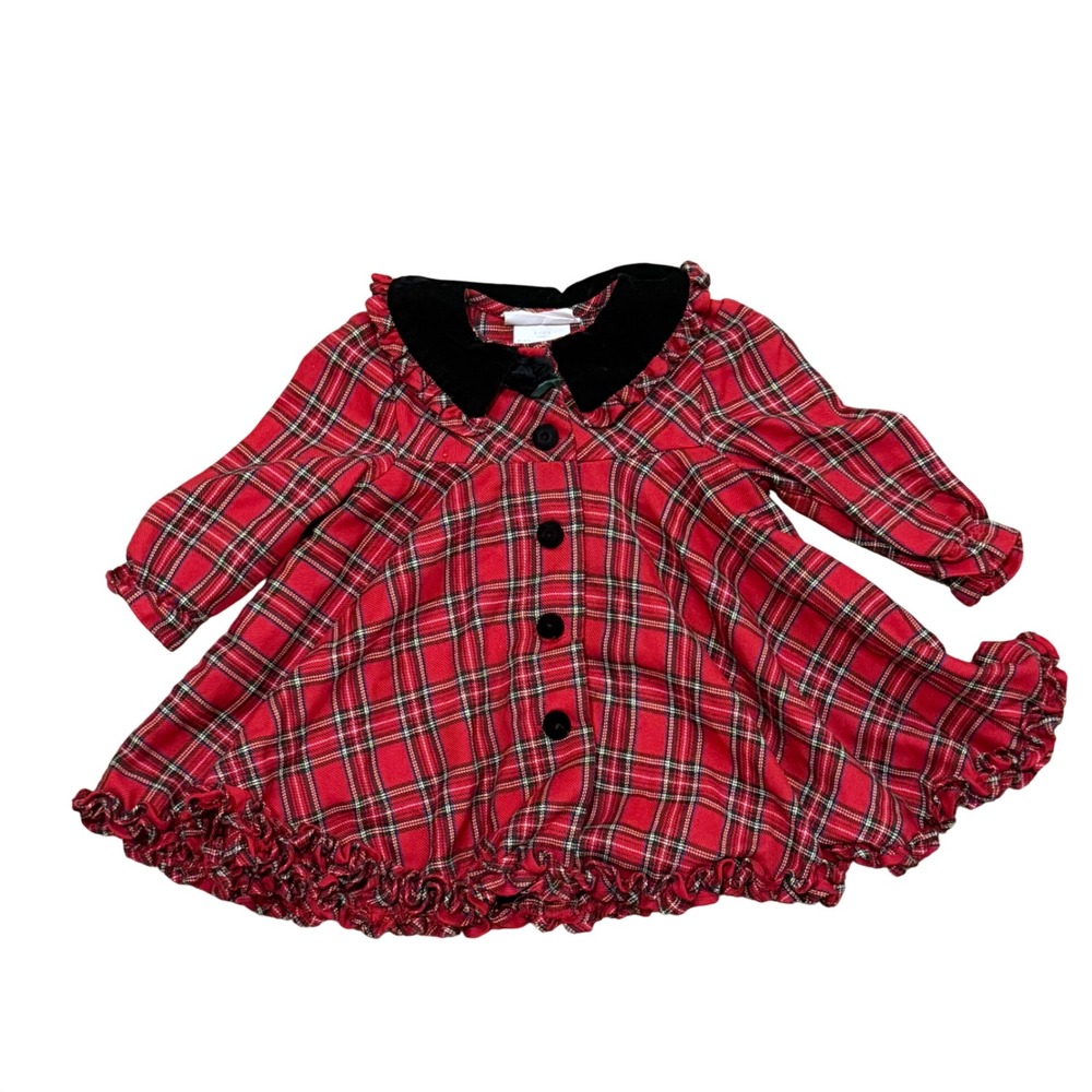 VTG Bonnie Baby Infant Girls 12 mos Red Black Plaid Velvet Collar Ruffled Dress